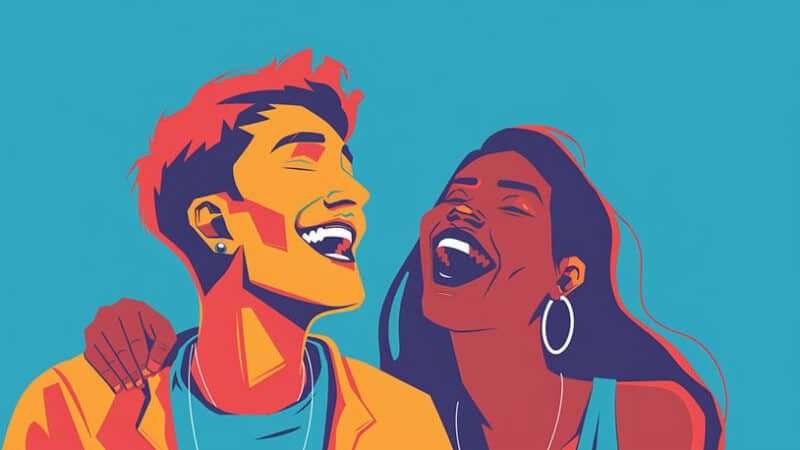 Friends with benefits: twee vrienden lachen, subtiele aantrekkingskracht merkbaar.