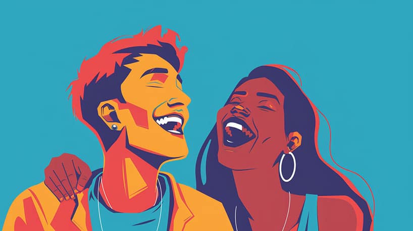 Friends with benefits: twee vrienden lachen, subtiele aantrekkingskracht merkbaar.