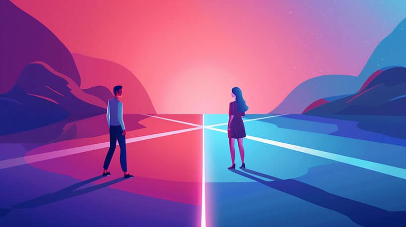 "Illustratie: paar bij kruispunt, één stapt vooruit, ander aarzelt.