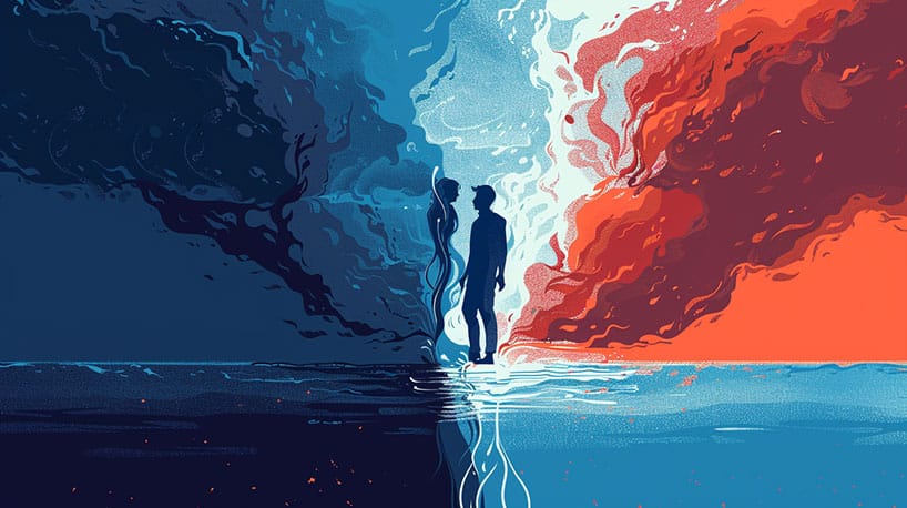 Illustratie: voor-en-na scène van persoon twijfelend aan relatie.