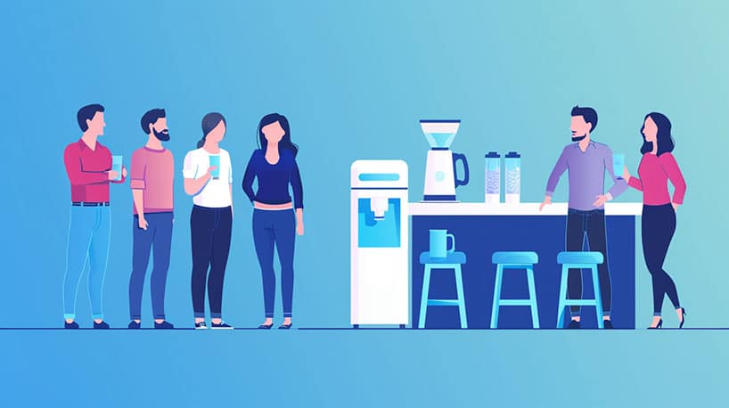 Collega's praten bij de waterkoeler, koppel voelt gemengde gevoelens.