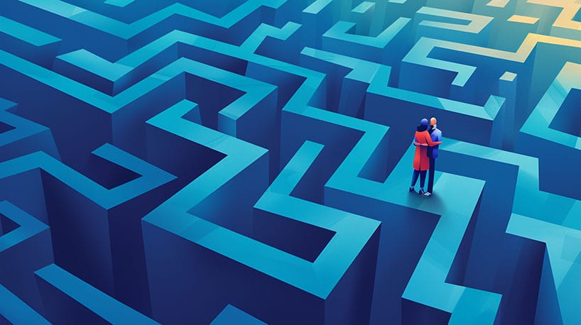 Een doolhof met paden, leidend naar omhelzende mensen.