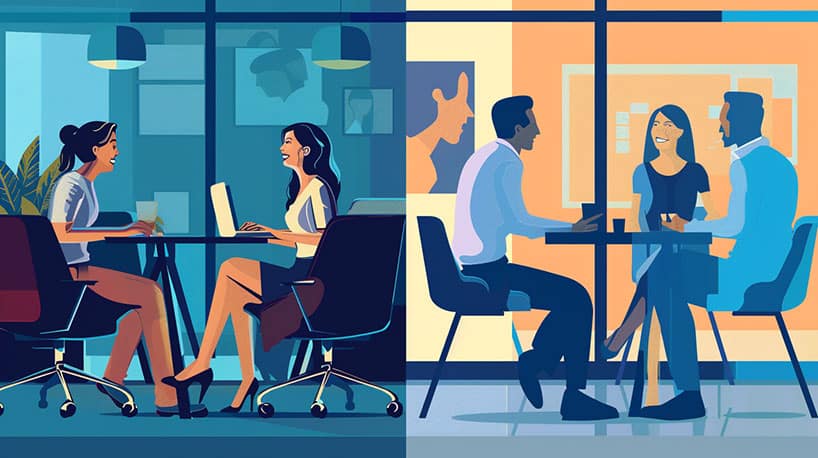 Gelukkig stel op date; collega's fluisteren op kantoor.