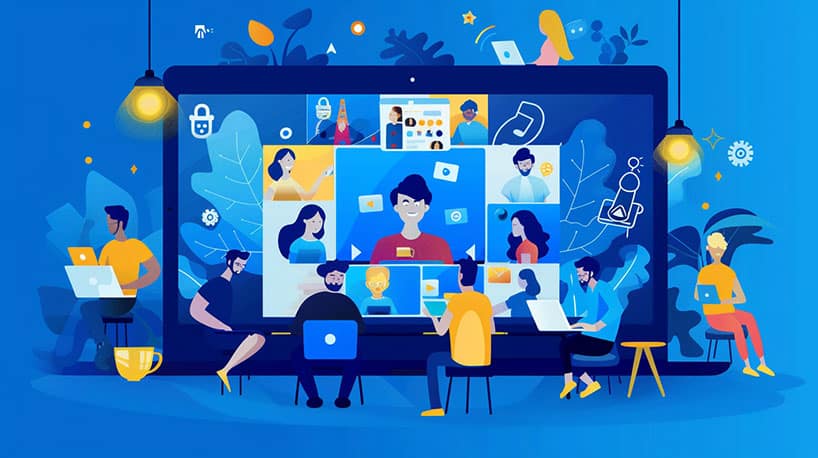 Groep mensen in virtuele activiteit: film, spel, koken.