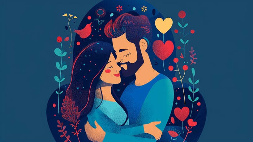 Koppel omhelst elkaar met symbolen van liefde.