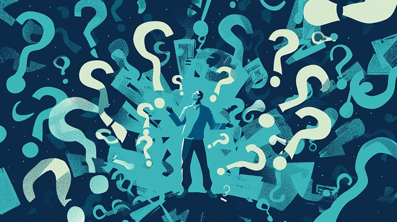 Man omgeven door vraagtekens en uitroeptekens, symboliseert midlifecrisis.