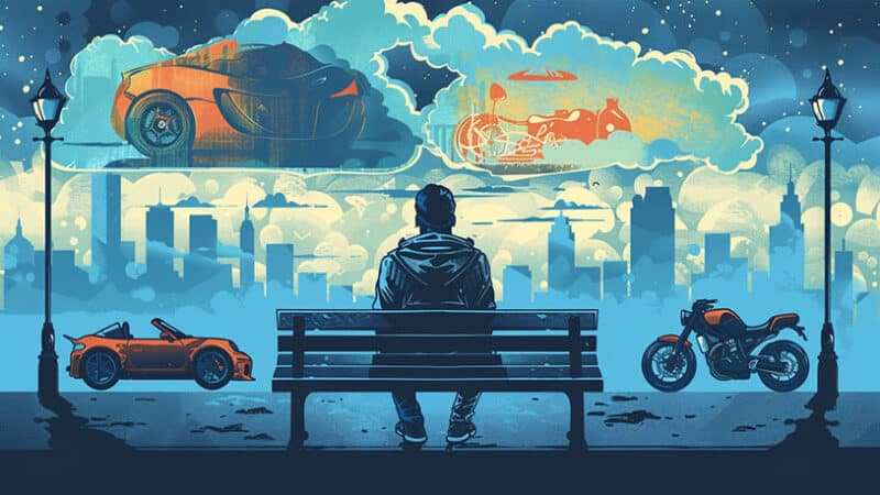 Man zit alleen op parkbankje, kijkend in de verte, denkbubbel met sportwagen en motorfiets.