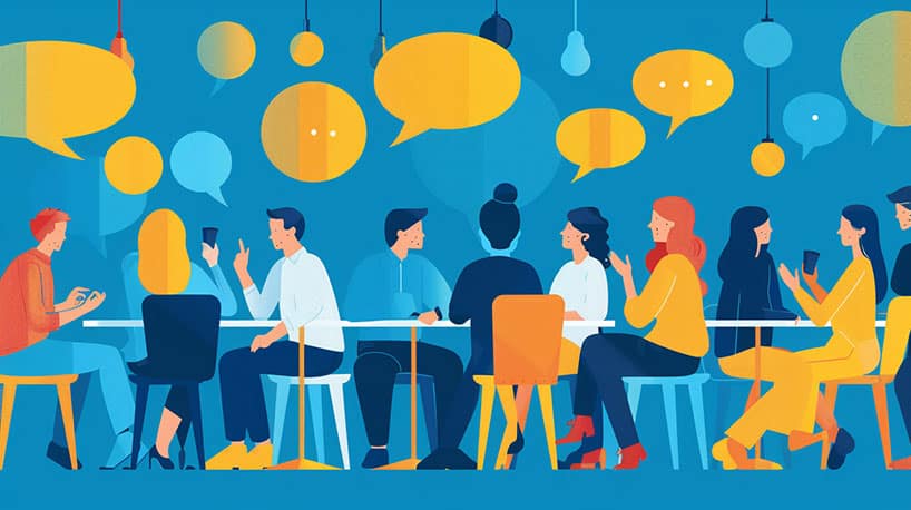 Speeddate evenement met gespreksbubbels en levendige sfeer.