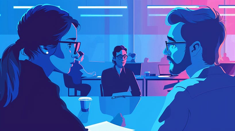 Twee collega's praten met baas, serieuze uitdrukkingen.