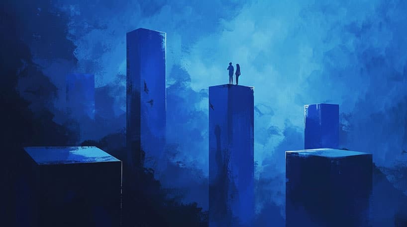 Exclusieve relatie: Twee figuren op podium, omringd door duisternis.