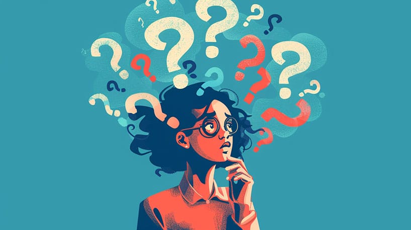 persoon met gedachten vol vraagtekens voor speeddate.