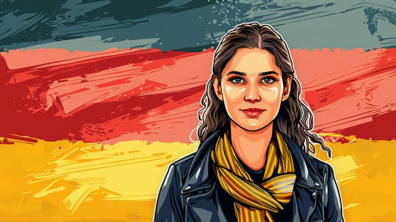 Prachtige Duitse vrouw staat voor Duitse vlag.
