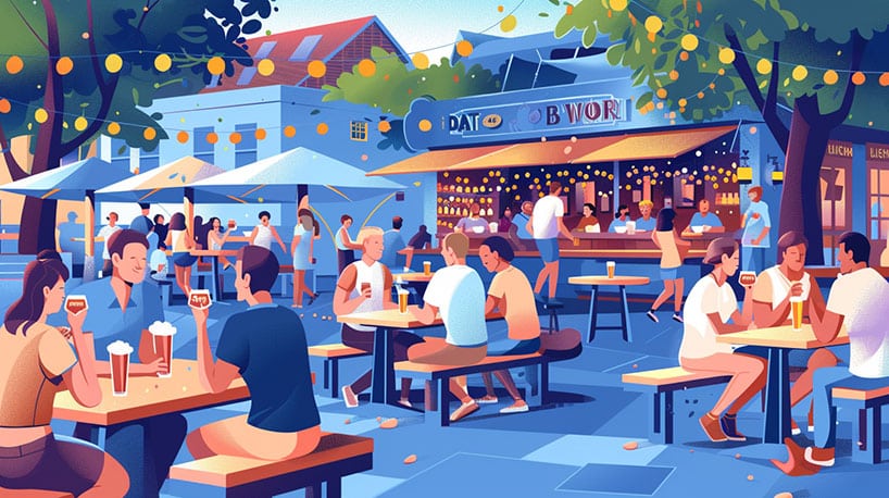 Traditionele Duitse biergarten met bratwurst en bier.
