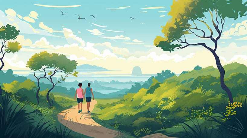 Een stel dat hand in hand wandelt langs de paden van Hof Espelo