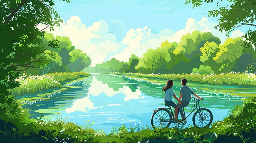 Paar fietst hand in hand langs de Dommel.