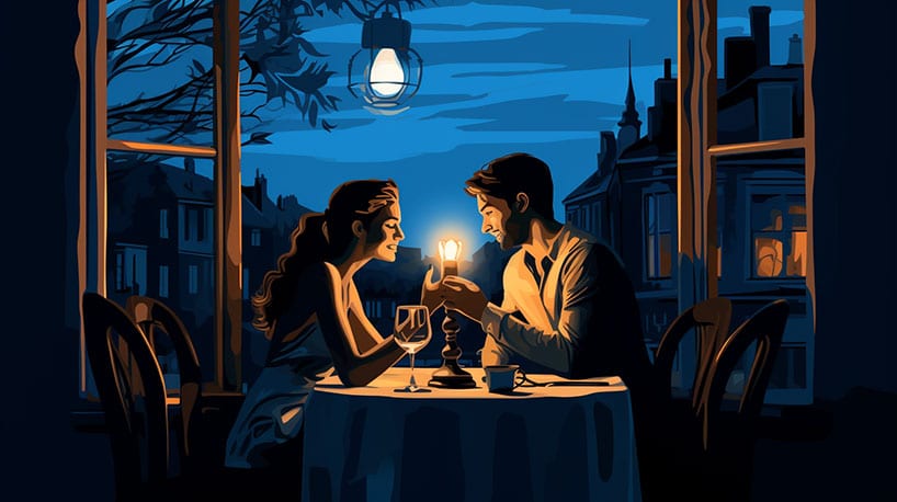 een stel dat geniet van een diner bij kaarslicht in een restaurant.