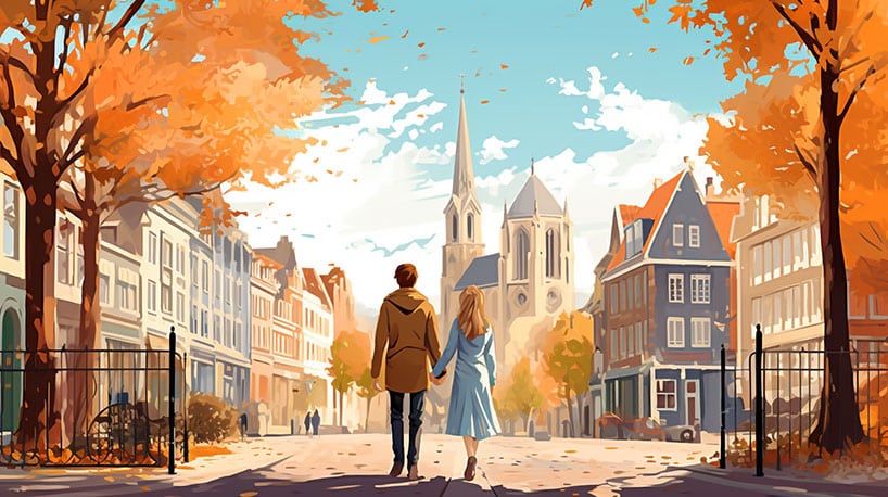 een stel dat hand in hand door de charmante straten van Deventer loopt