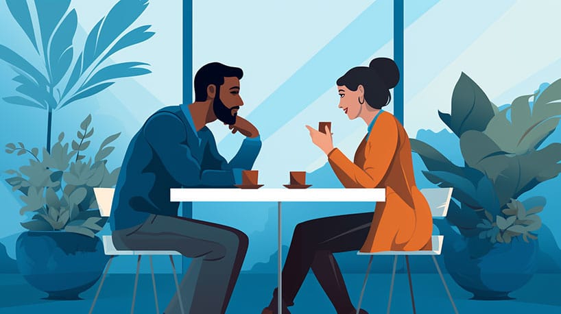 een stel dat in een café zit en in gesprek is.