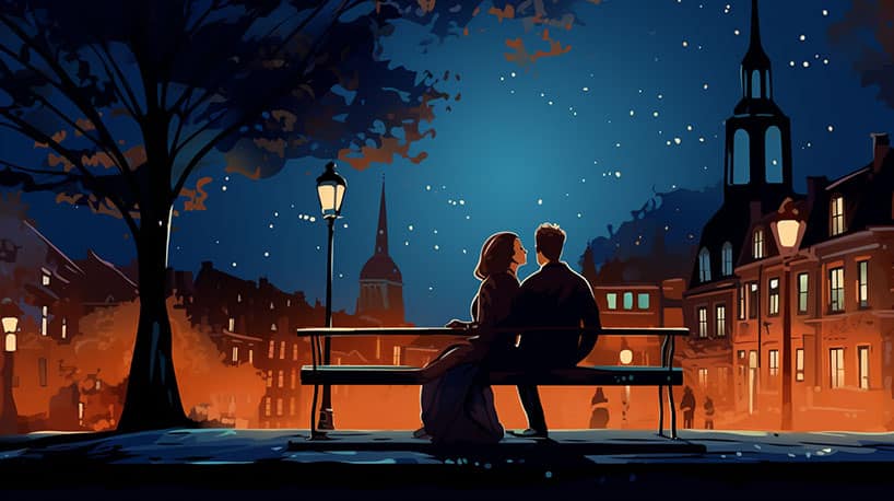 een stel dat op een bankje zit op het oude stadsplein van Zwolle