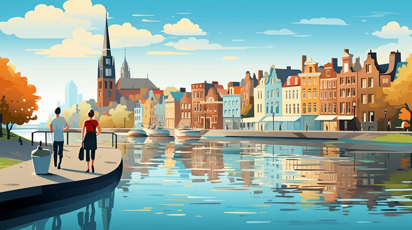 een stel wandelt langs de schilderachtige grachten van Deventer in Overijssel