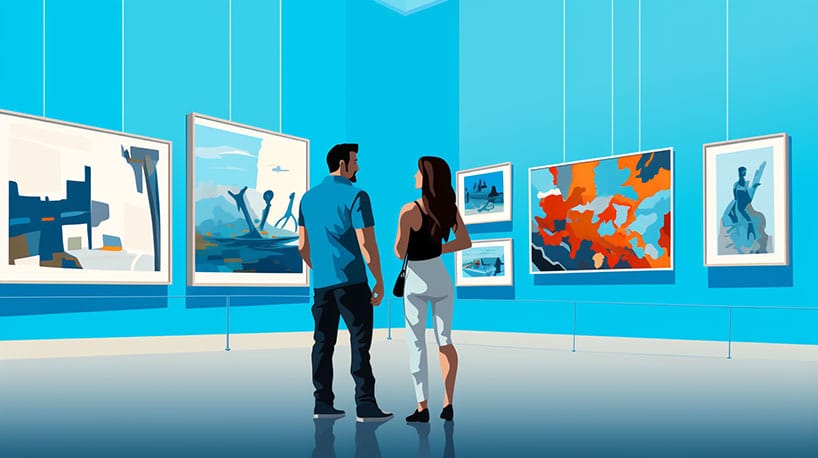 twee individuen die elkaar ontmoeten in een museum