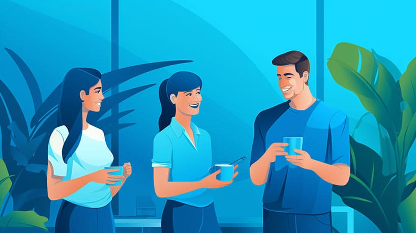 Collega's die in informeel gesprek zijn tijdens een koffiepauze