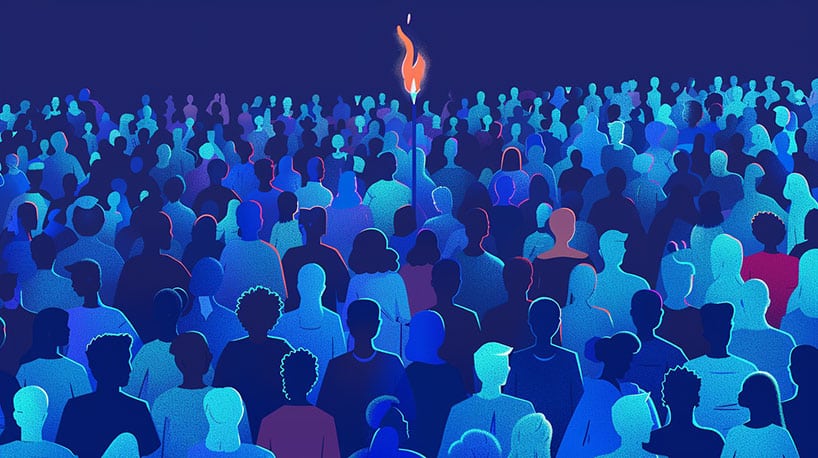 Divers publiek met Tinder-logo, miljoenen gebruikers vertegenwoordigend.