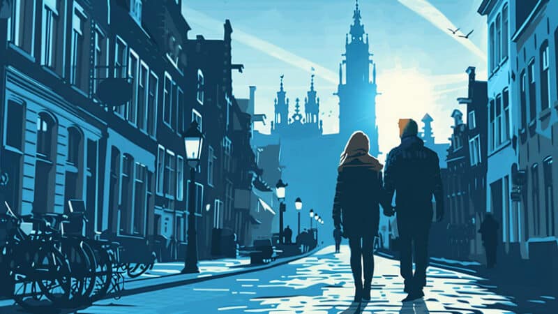 Een paar wandelt hand in hand door de historische straten van Mechelen.