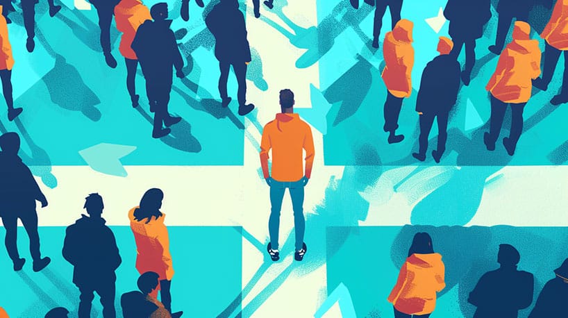 Persoon bij een kruispunt, kiezend tussen Tinder en andere apps.