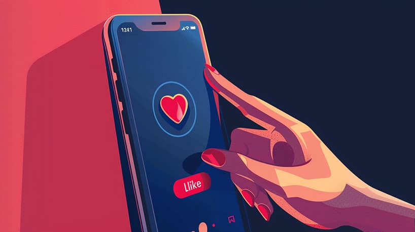 Smartphone met Tinder-app, hand boven 'like'.