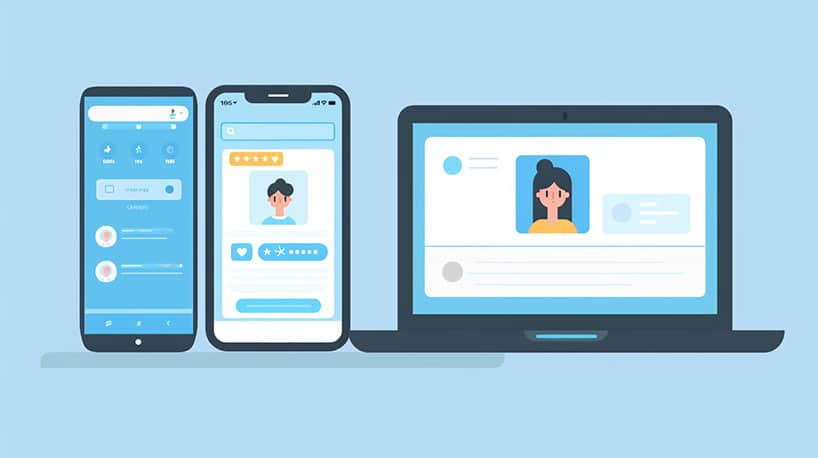 Smartphone met Tinder-profiel naast laptop met Facebook-profiel.