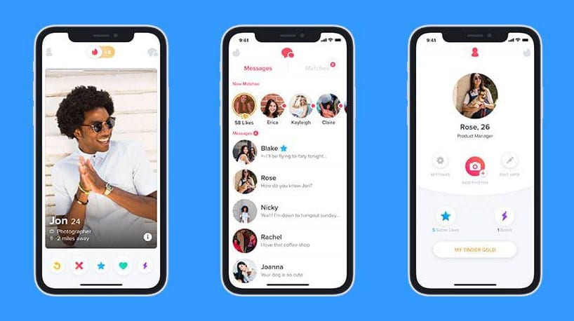 drie screenshots van tinder app naast elkaar