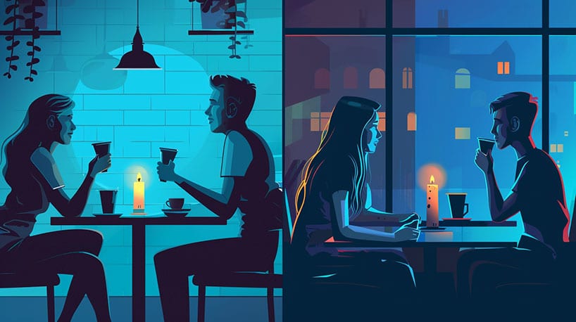 koppel bij kaarslicht versus informele koffieafspraak in café.