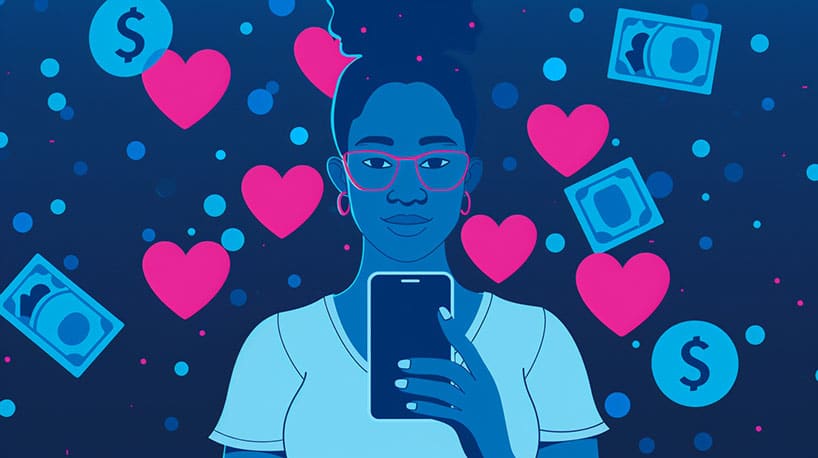 persoon met open Tinder-app, omringd door dollarsymbolen en premiumfuncties.