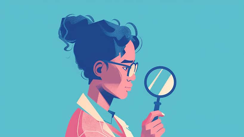 persoon onderzoekt Tinder-profiel met vergrootglas.