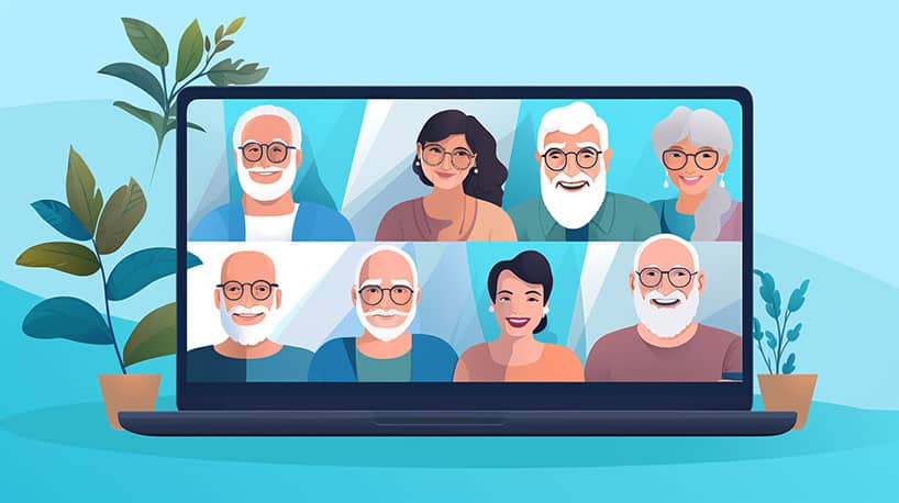 Een groep babyboomers geniet van een virtuele bijeenkomst