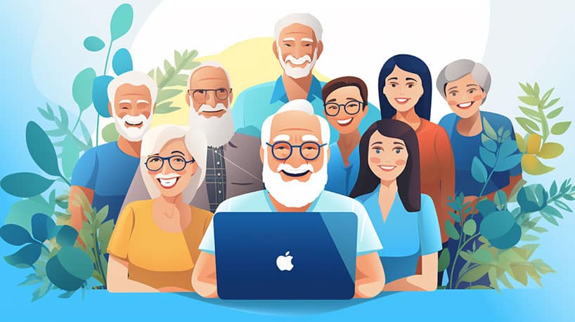 Een groep babyboomers samen achter een laptop