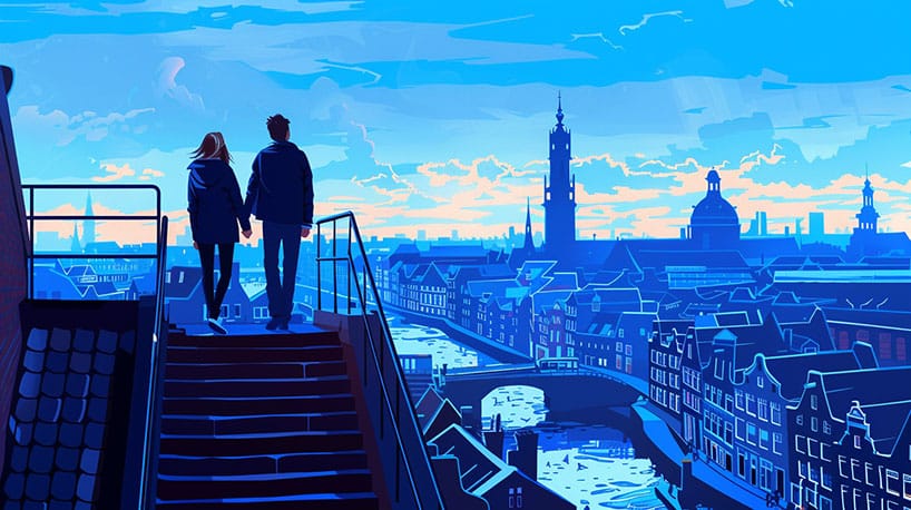 Een stel hand in hand op de trap van de Martinitoren, genietend van het uitzicht over Groningen.