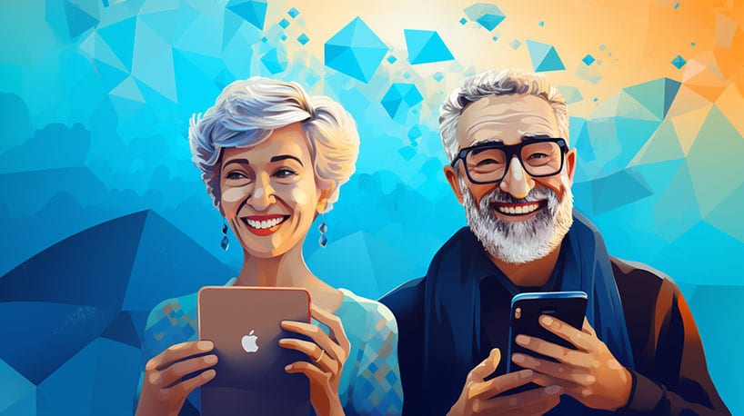 Een volwassen koppel navigeert samen op een babyboomers datingsite.