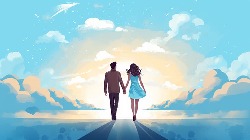 Koppel hand in hand onder stralende wolkenhemel, symbool van geluk.