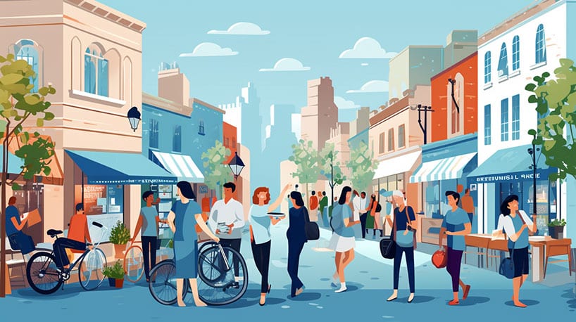 Levendige stadstraat, diverse mensen in vriendelijke gesprekken, spontane verbinding.