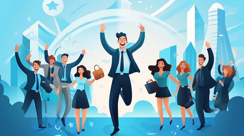 Nieuwe werknemer verwelkomd door enthousiaste collega's.