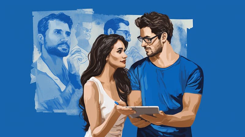 Persoon kijkt naar oude foto van ex, geïrriteerde partner