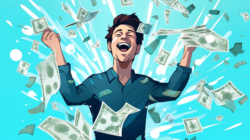 Persoon met een brede glimlach heeft de lotterij gewonnen