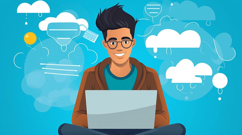 Persoon typt op laptop met gedachtenwolkjes met tips