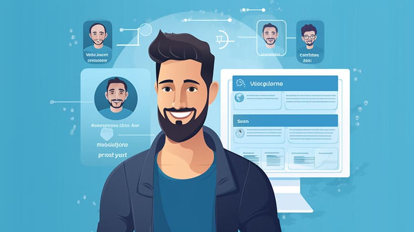 Persoon voor computer met respectvolle datingsapp-interface.
