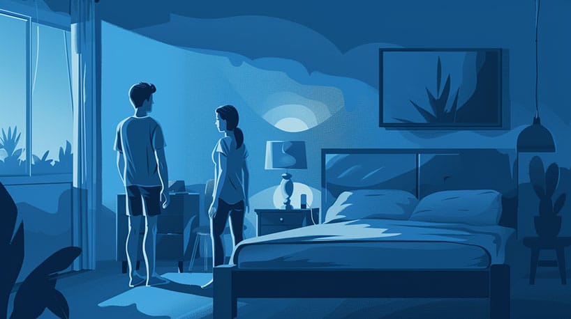 Slaapkamerscène: ex en huidige partner, spanning weergegeven.