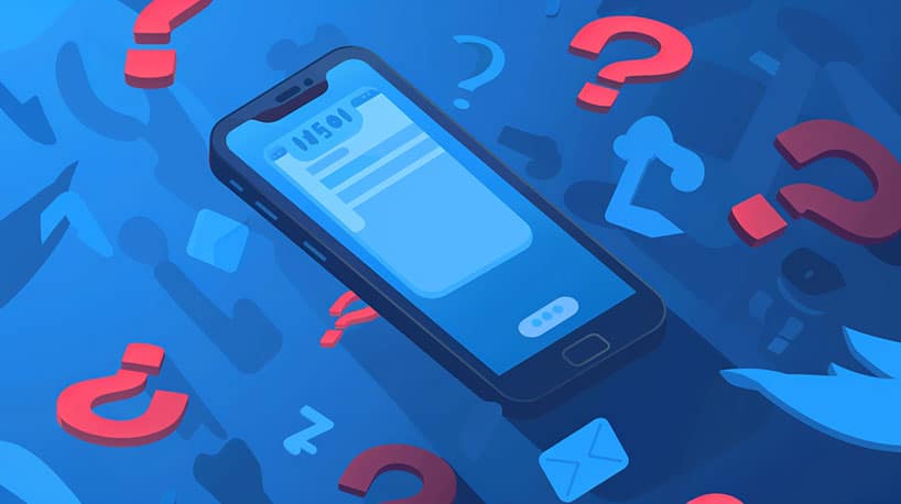 Smartphone met conceptbericht naar ex, omringd door vraagtekens.