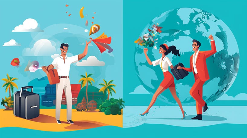 Voor-en-na collage: gestreste reiziger vs. gelukkig verliefd stel