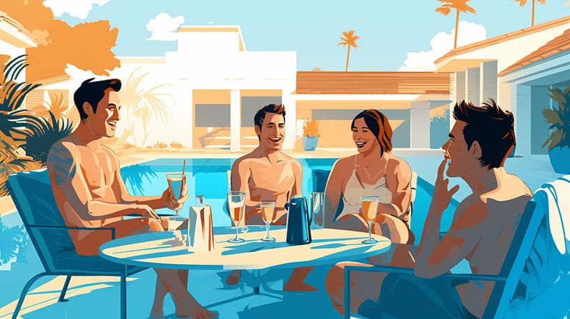 Vriendengroep lacht en geniet van drankjes bij zwembad